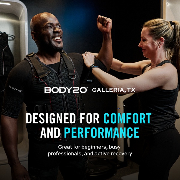 A high-contrast square ad featuring a professional trainer assisting a client in an EMS suit, focusing on comfort and accessibility.